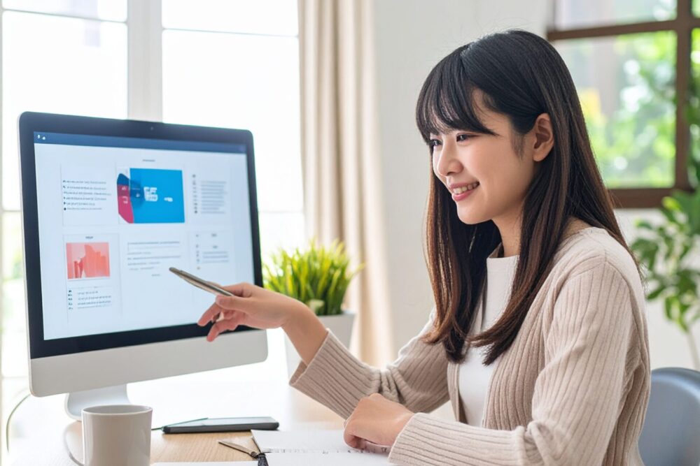 デスクトップコンピューターの画面を指さす女性と、作業スペースの様子を示す画像。ホームページ制作の初心者向けガイドを表現。