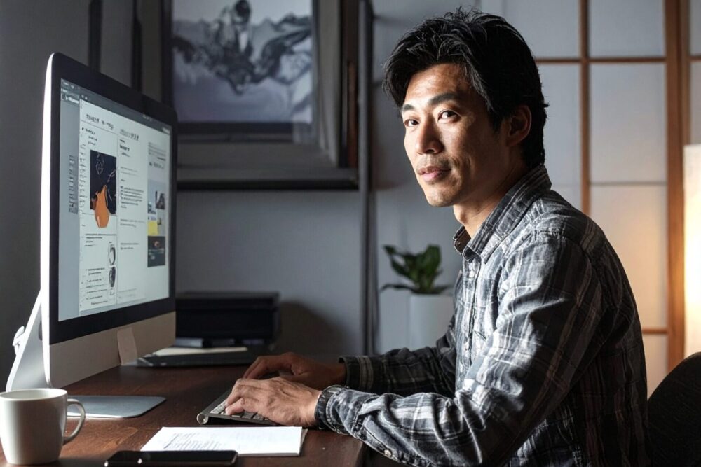 デスクトップPCでウェブサイトのデザインやコードを確認している日本人男性の画像。ドメインの重要性を示すビジュアル。