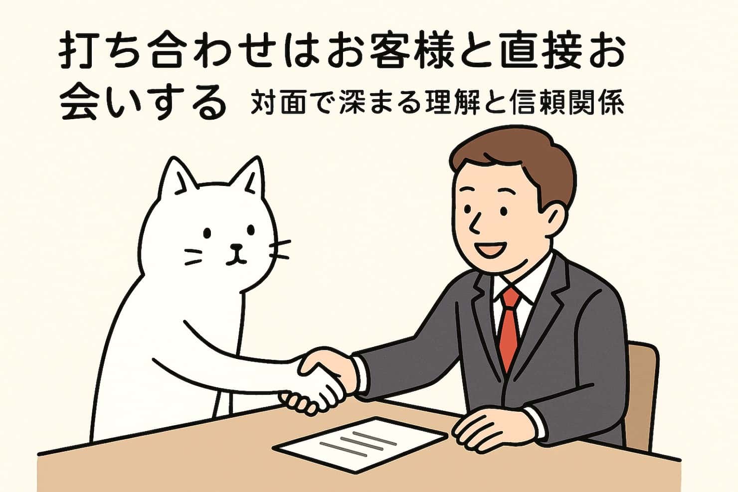 打ち合わせはお客様と直接お会いする猫のイラスト
