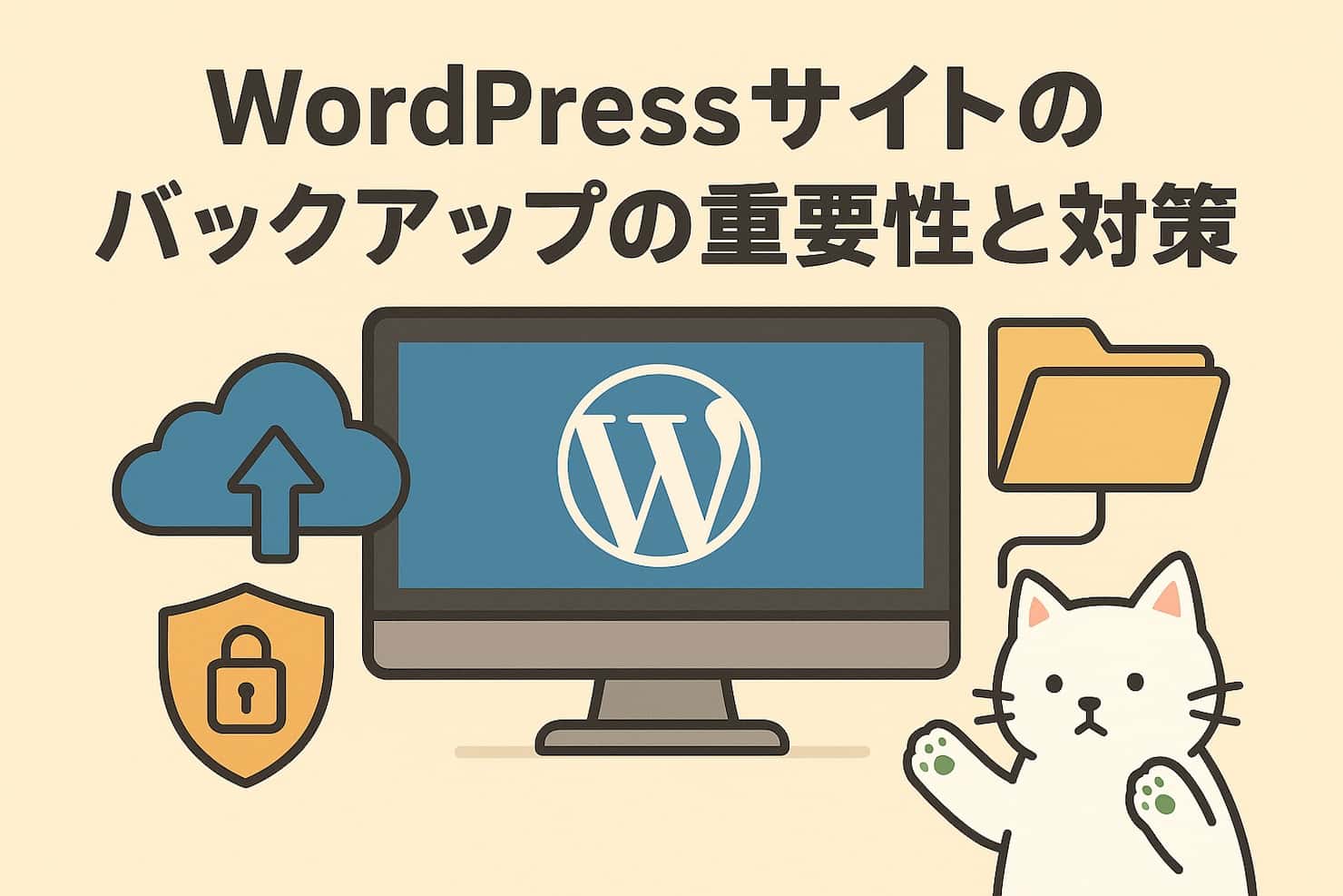 WordPressのバックアップの重要性と対策を白猫が案内しているイラスト