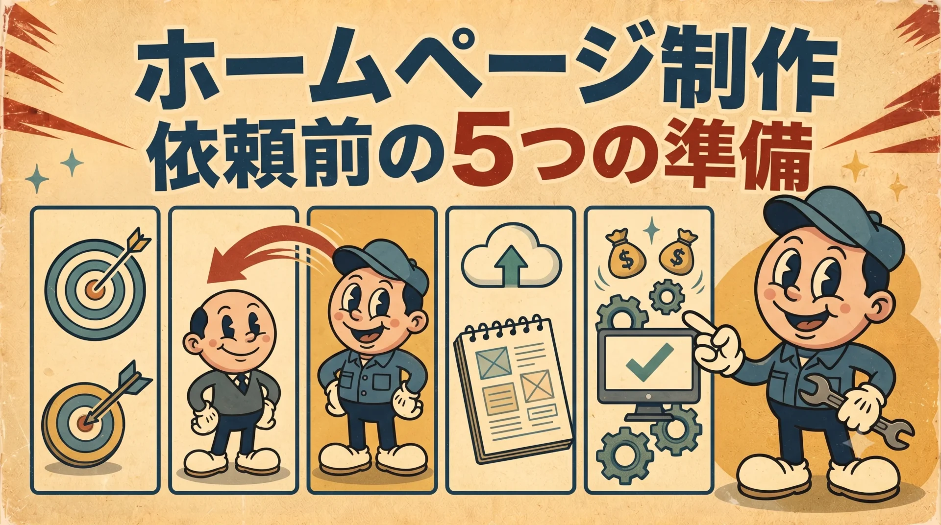 ホームページ制作を依頼する前に確認したい5つの準備をチェックリストで表したアイキャッチ画像