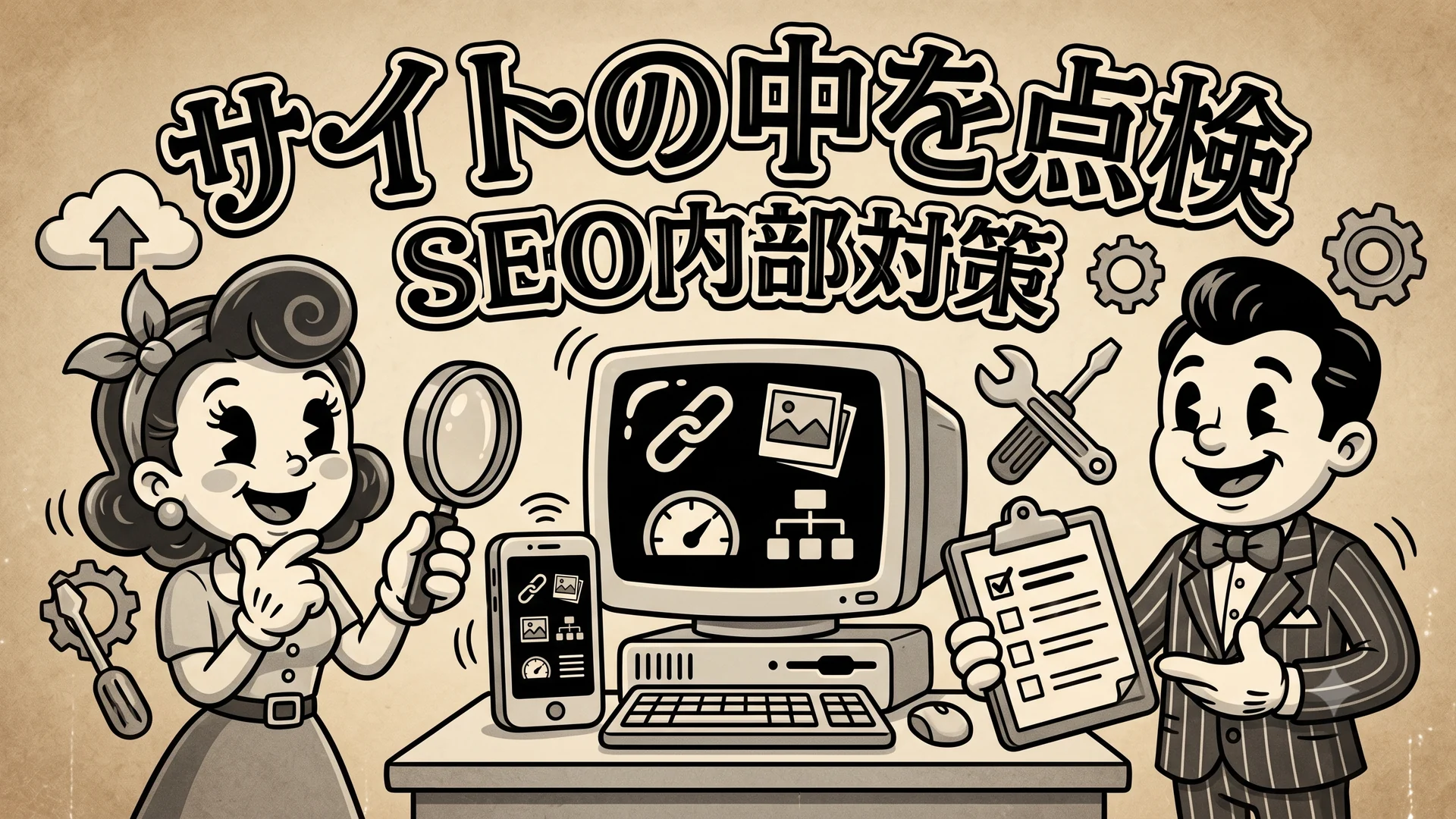 ウェブサイトの構造、ページ内容、モバイル表示をチェックする担当者のイメージ