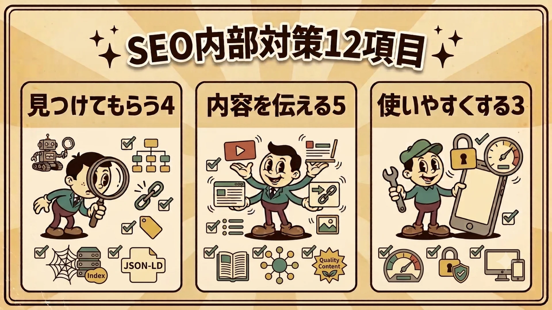 SEO内部対策12項目を見つけてもらう4項目、内容を伝える5項目、使いやすくする3項目に整理した図解