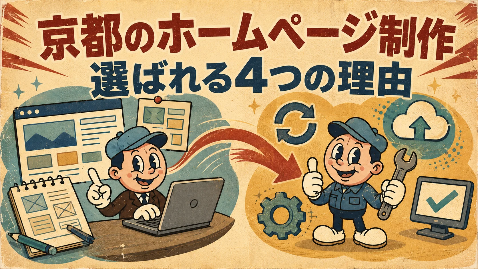京都でホームページ制作会社を選ぶ4つの確認ポイントを表したアイキャッチ画像