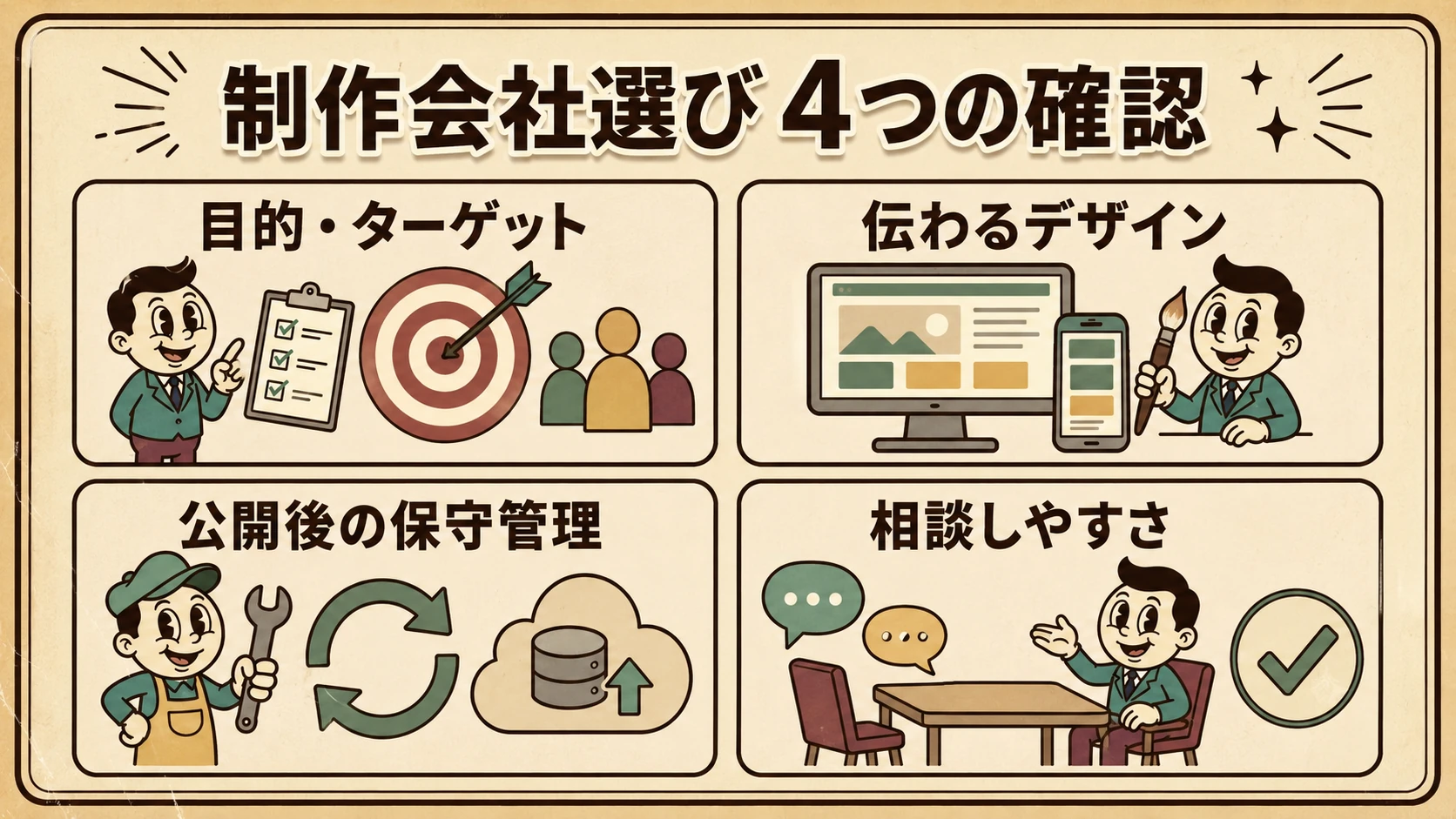 ホームページ制作会社を選ぶときの目的、デザイン、保守管理、相談体制の4項目を示す図解