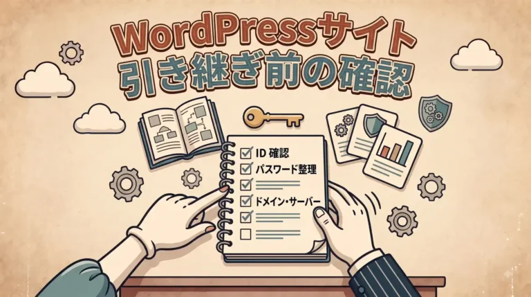 WordPressサイトの引き継ぎで確認する4つの管理情報を示すイラスト
