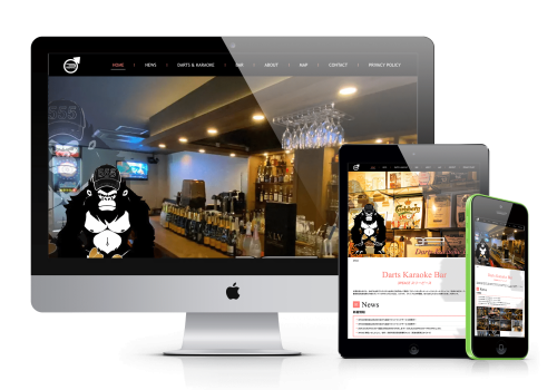 デスクトップPC、タブレット、スマートフォンに表示されたダーツバー「3PEACE」のウェブサイトデザイン（ウェビデザイン制作）。オシャレな店舗の雰囲気を伝えるシングルページ構成。